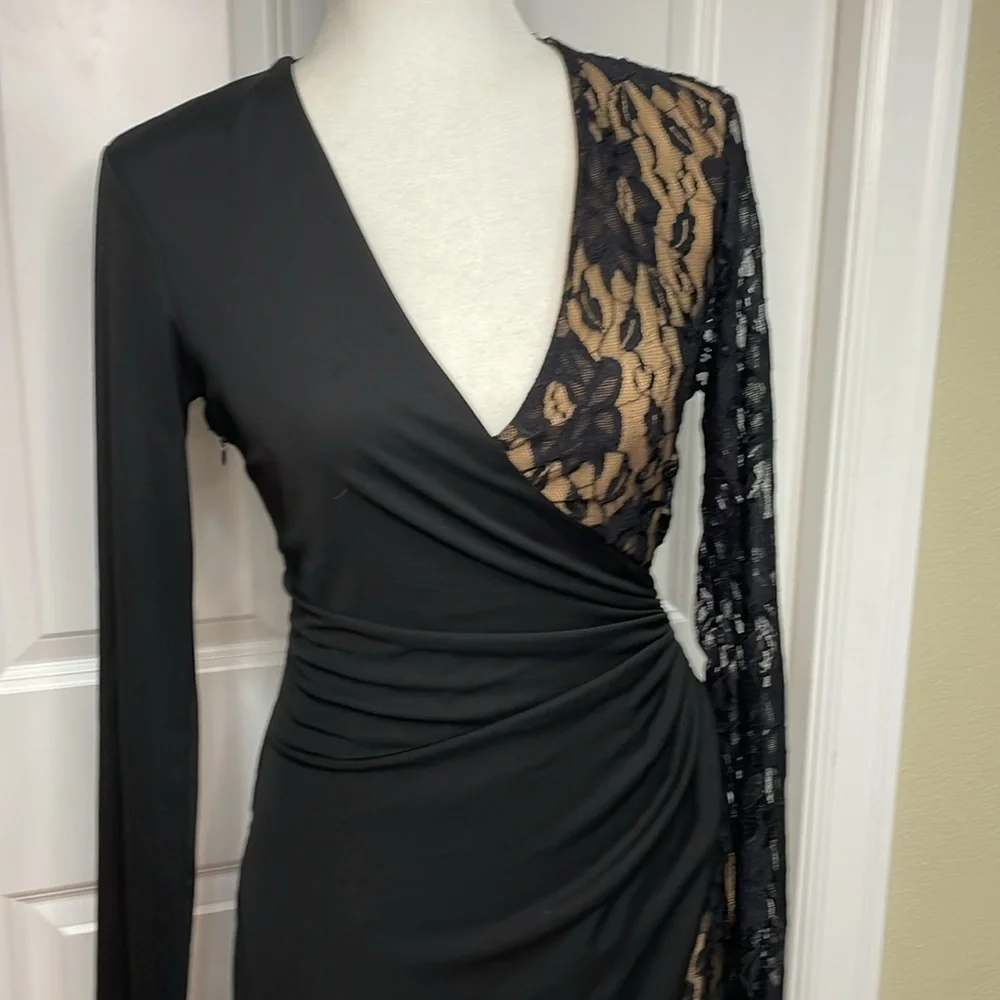 Parker Black Label Azulejo Maxi Dress Sz 8 Lace Slit V Neck Black Evening Party